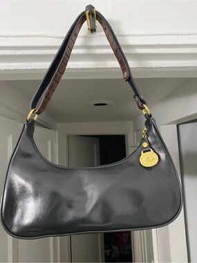 BRAHMIN Black Leather with Brown Croc Mini Hobo Shoulder Bag
